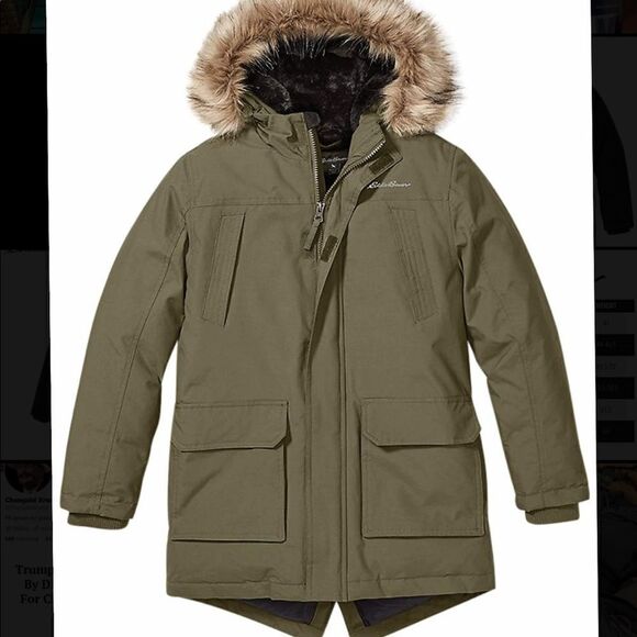 Eddie Bauer Olive Down Filled Hooded Fur Coat - Picture 3 of 5